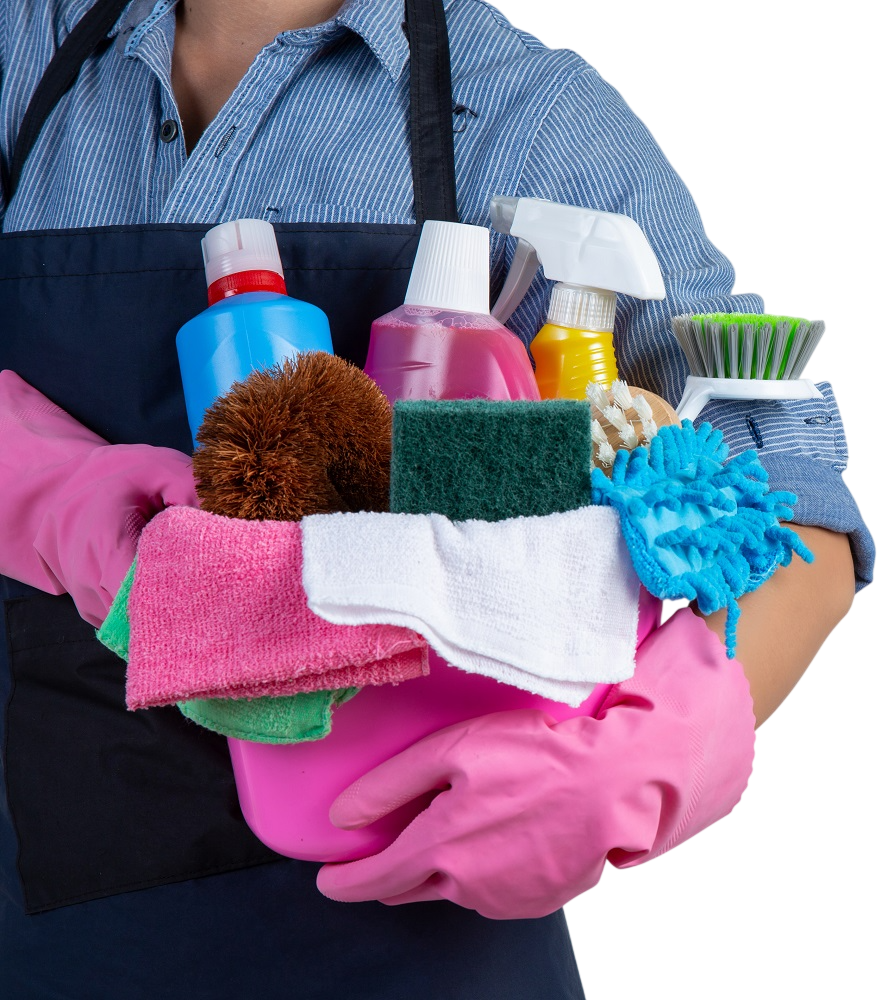woman is holding cleaning product gloves rags basin white wall photoroom